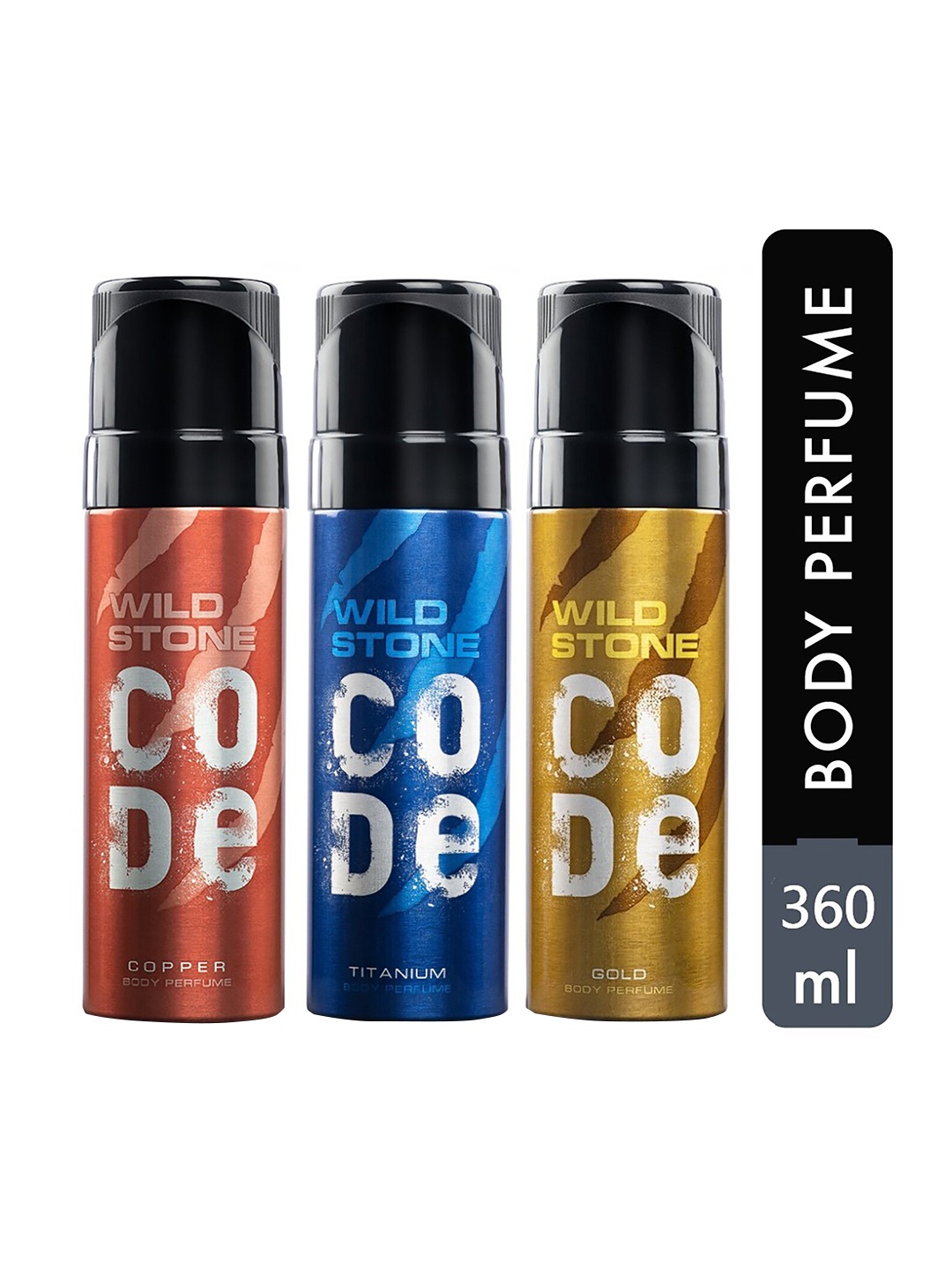 

Wild Stone Men Code Titanium, Copper & Gold Body Perfume Spray Combo 340 ml, Transparent