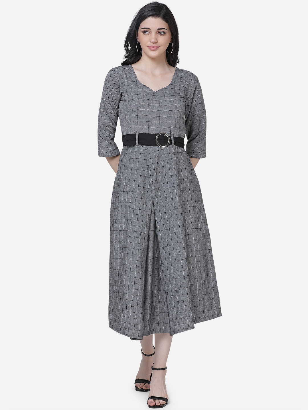 

Youthnic Women Grey Checked Fit and Flare Dress