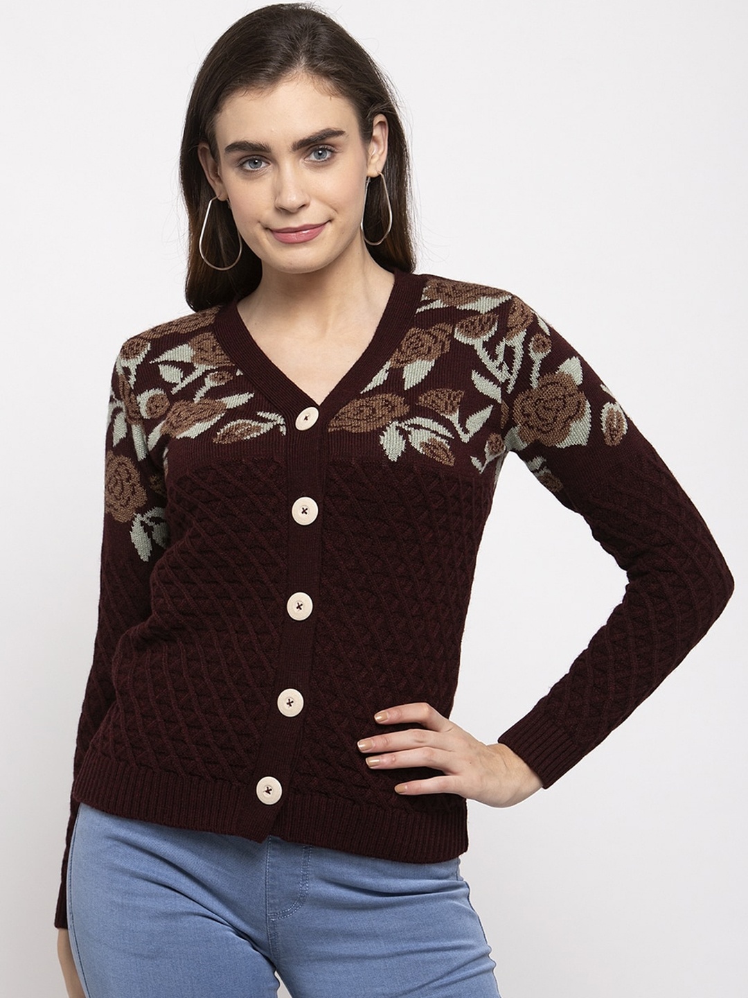 

Kalt Women Maroon Self Design Cardigan Sweater