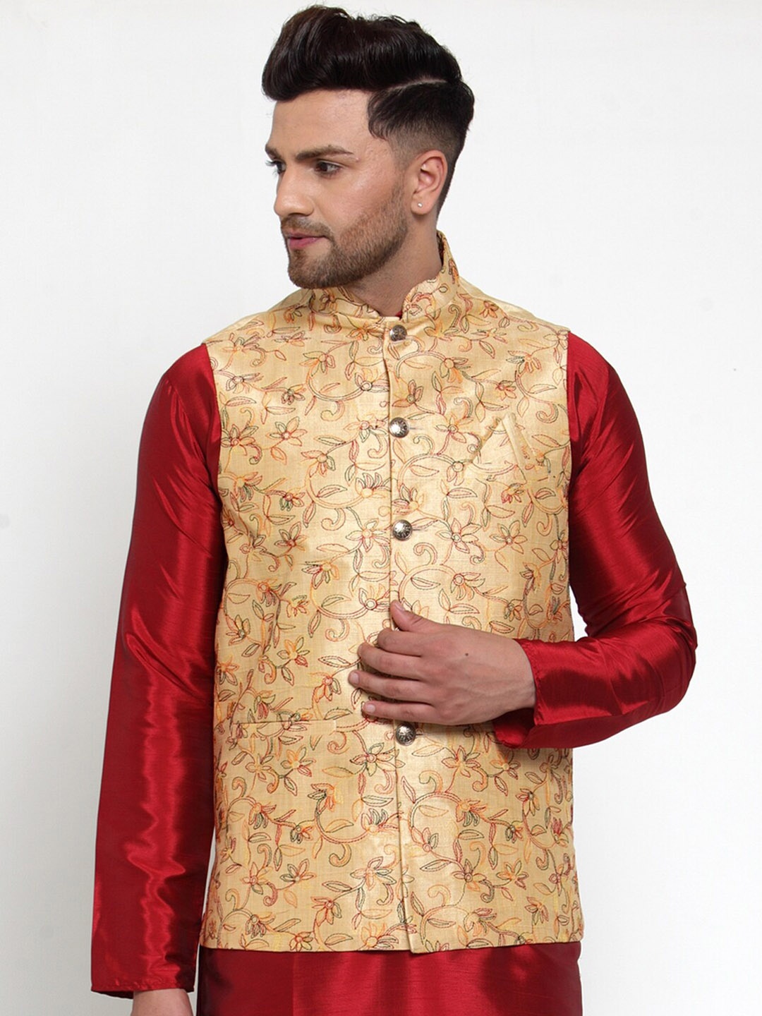 

Jompers Men Gold-Colour Embroidered Nehru Jacket