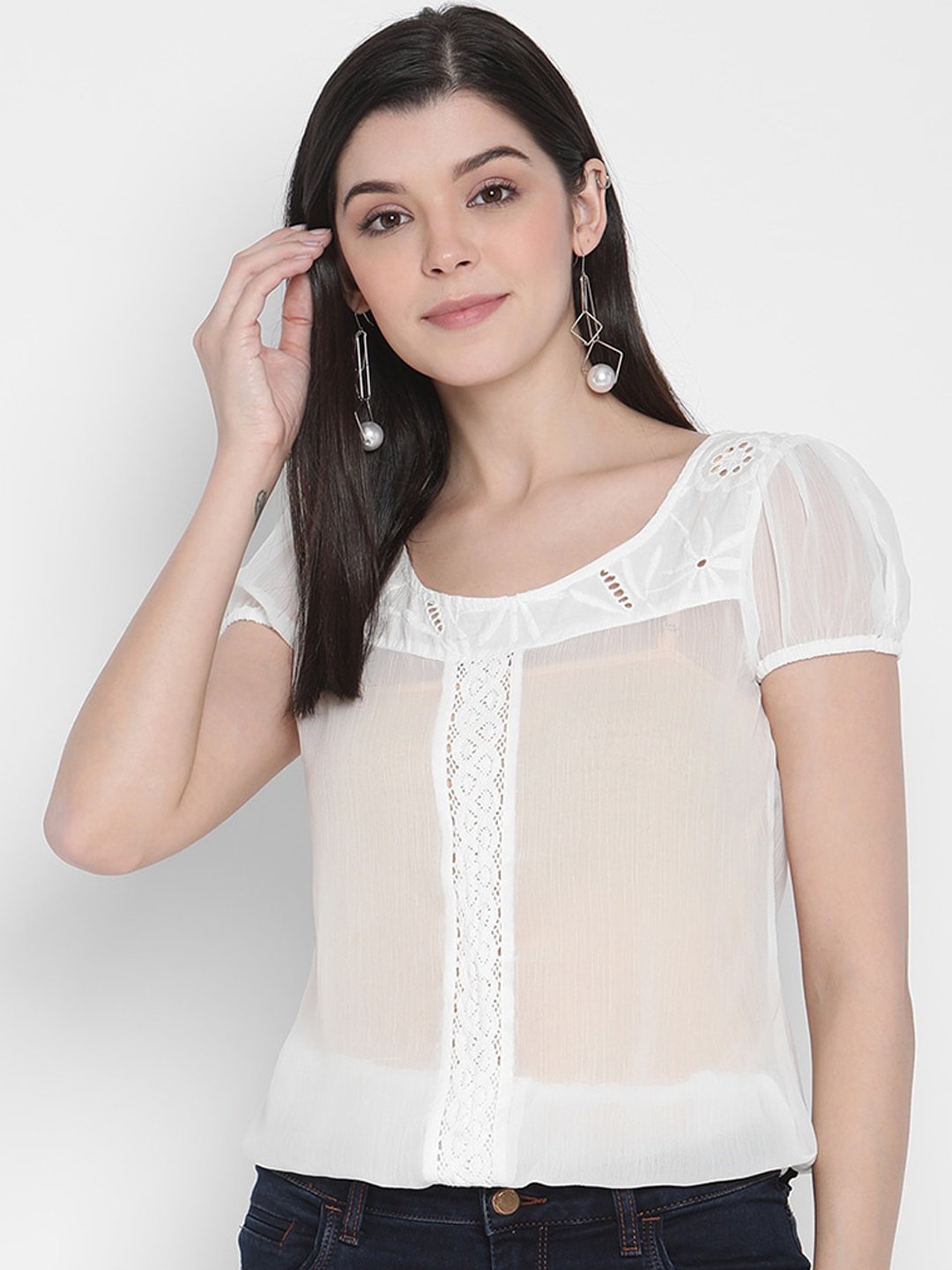 

Porsorte Women White Floral Embroidered Lace Top
