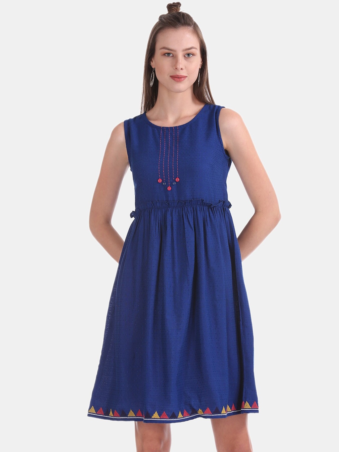 

Bronz Women Blue Self Design Fit and Flare Dress