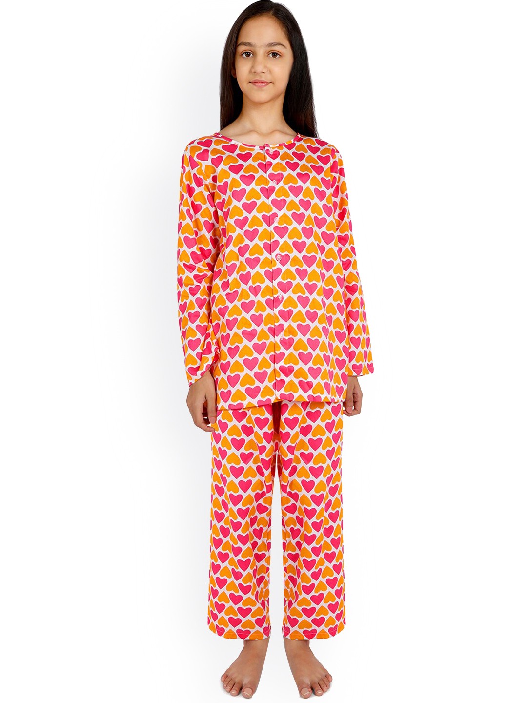 

Nigh Nigh Girls Orange & Pink Printed Sustainable Night Suit