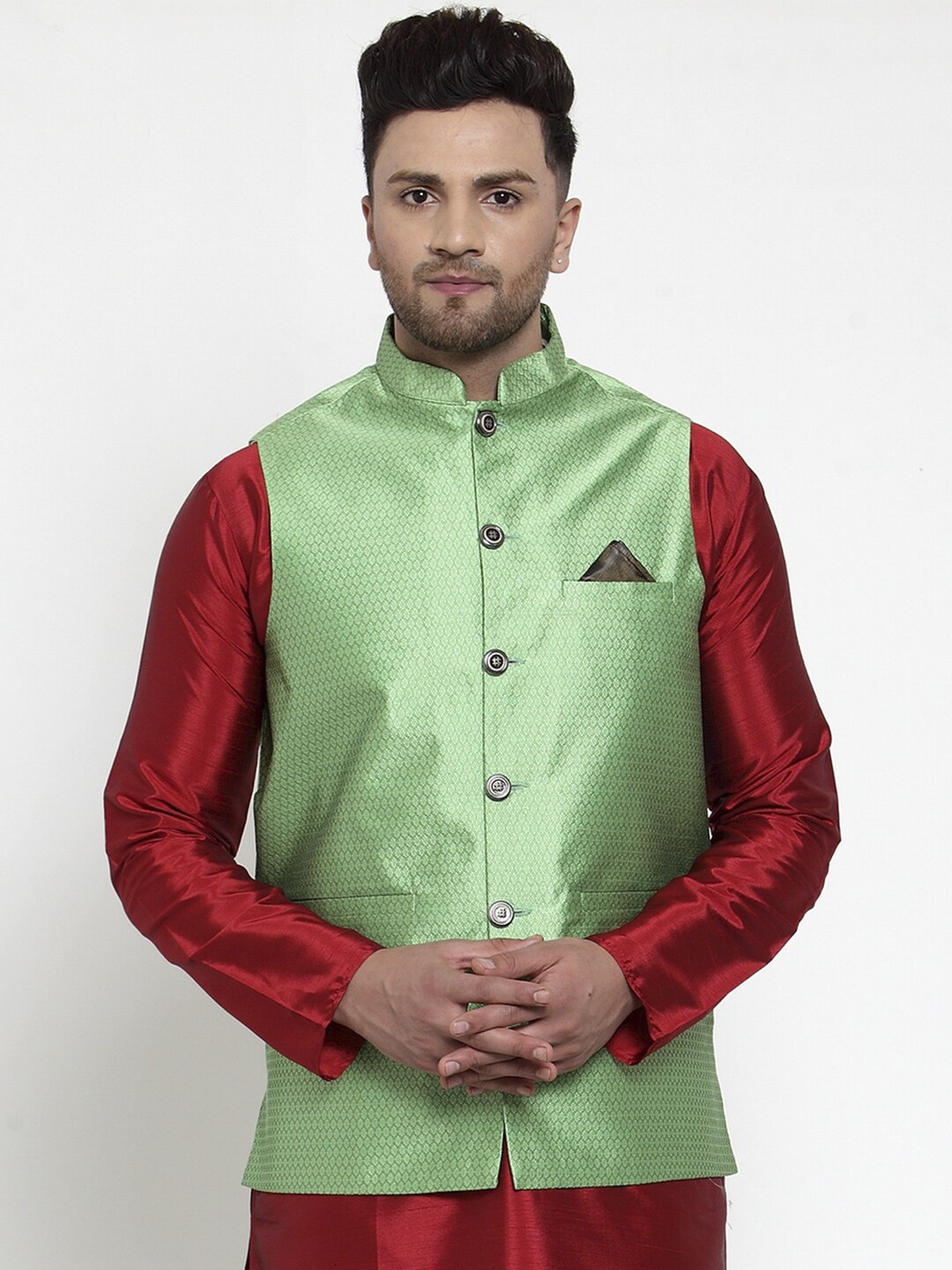 Jompers Men Green Woven Design Nehru Jacket