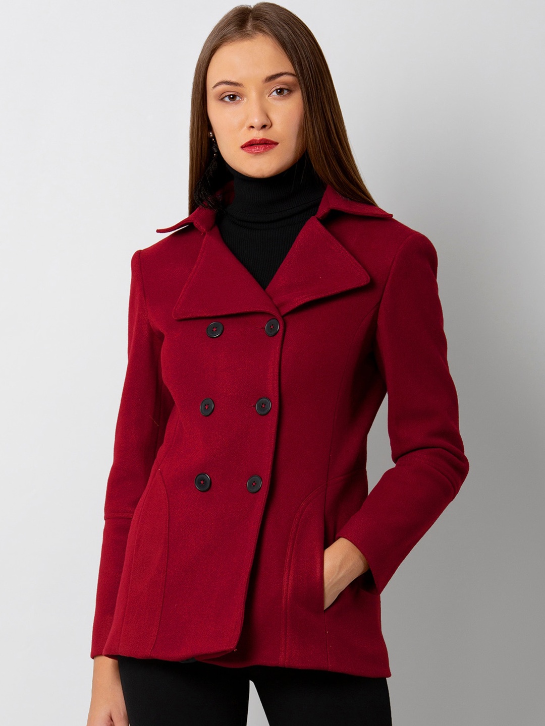 

FabAlley Women Maroon Solid Double-Breasted Peacoat