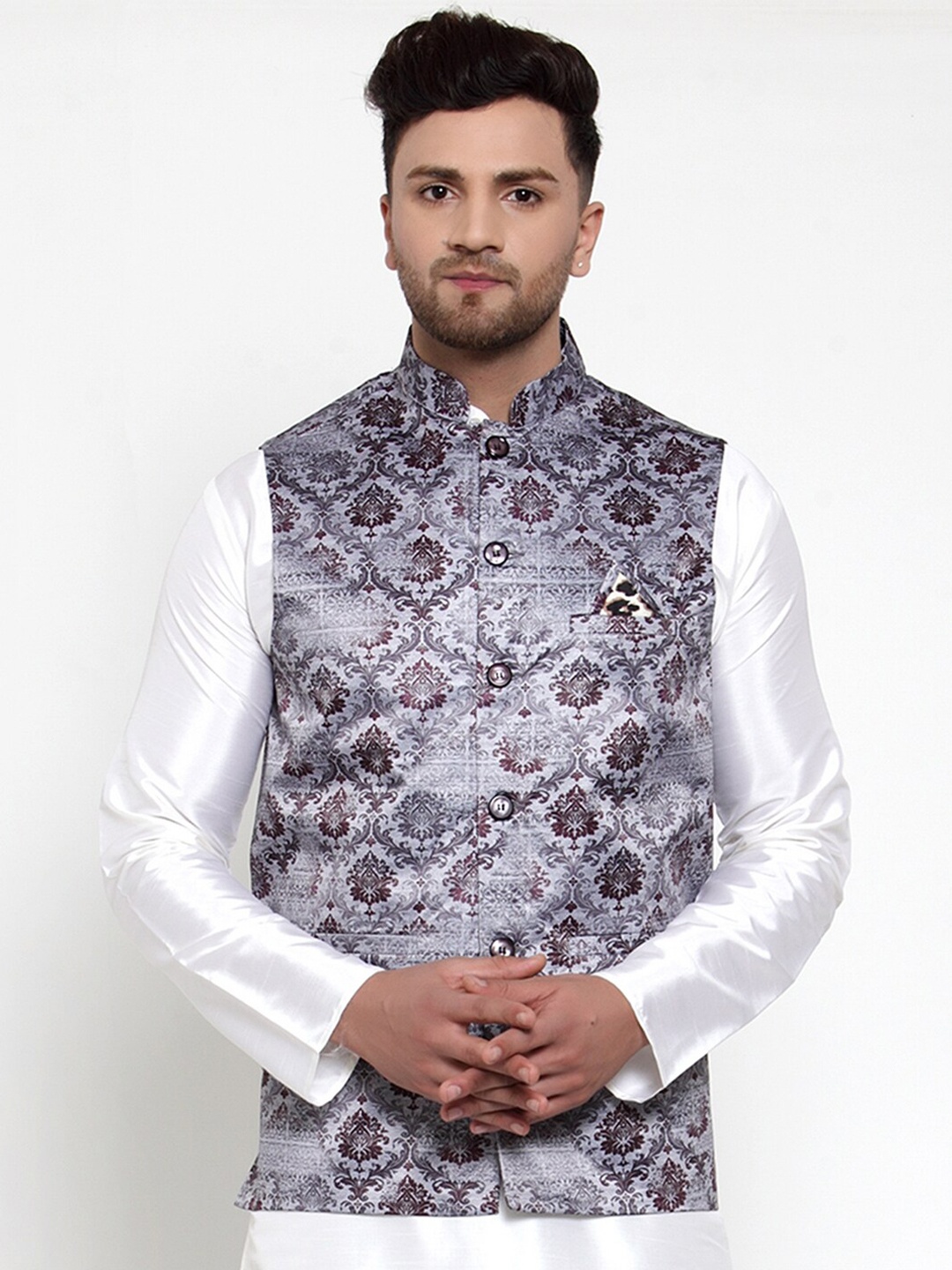 

Jompers Men Grey & White Printed Nehru Jacket