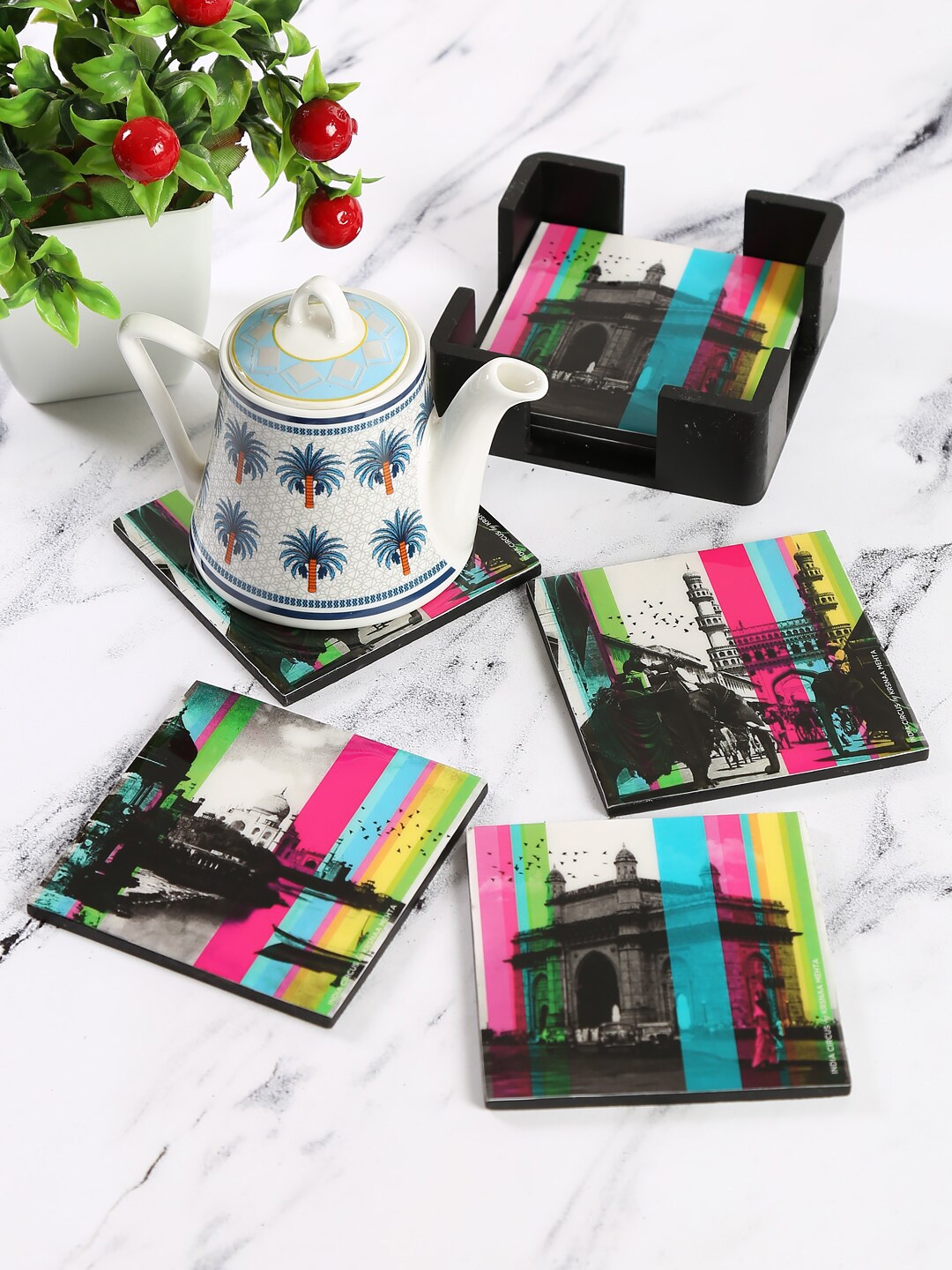 India Circus by Krsnaa Mehta Multicoloured Set of 6 Printed Coasters, Multi