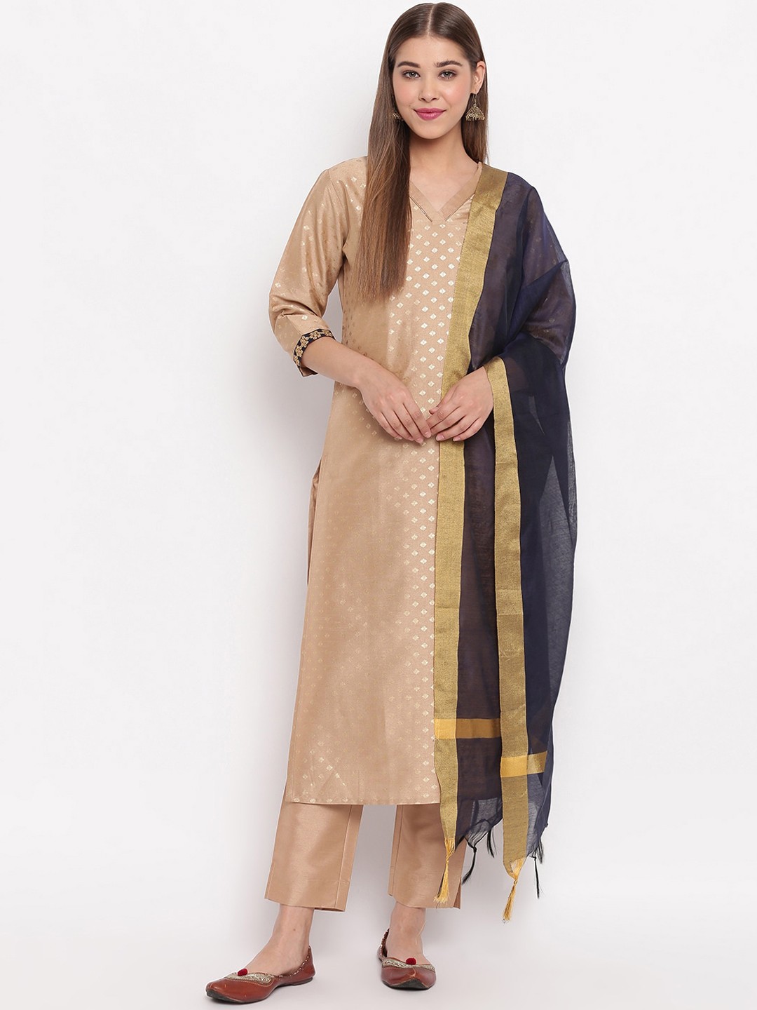 

Janasya Women Beige & Navy Blue Woven Design Kurta with Trousers & Dupatta
