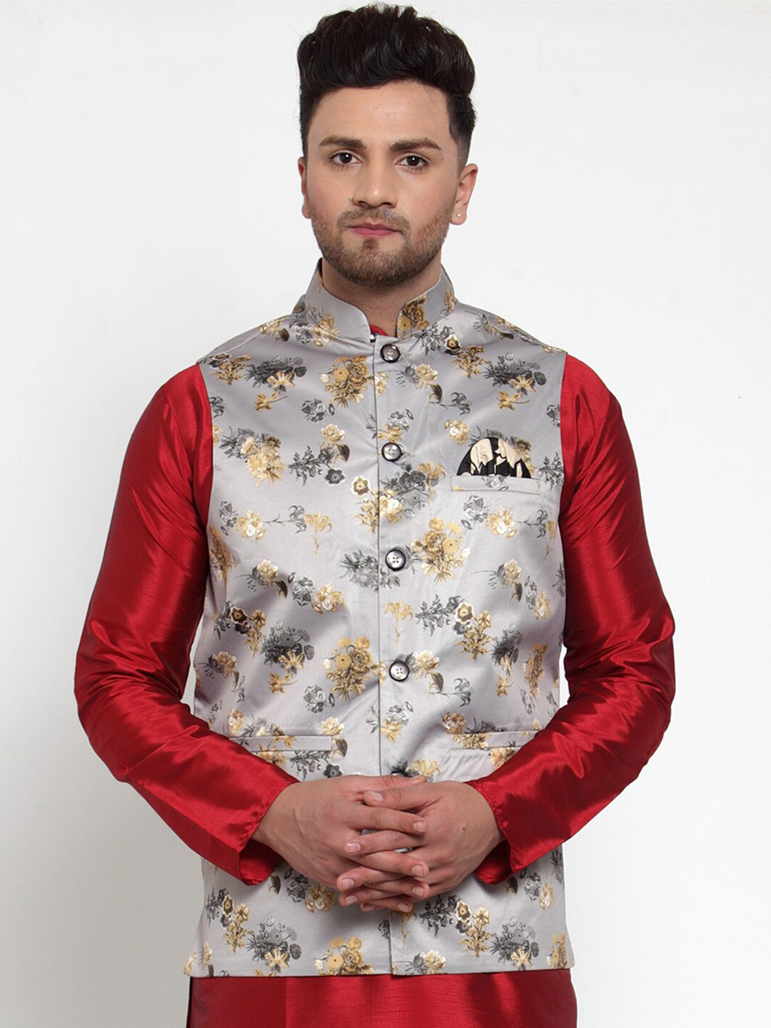 

Jompers Men Grey & Gold-Coloured Printed Satin Nehru Jacket