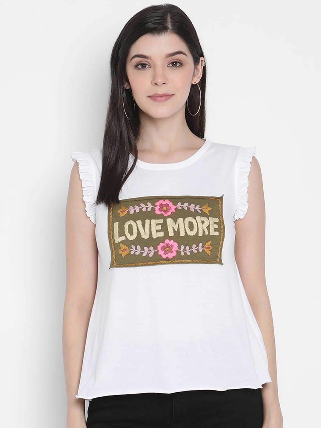 Porsorte Women Off-White & Olive Green Embroidered Top