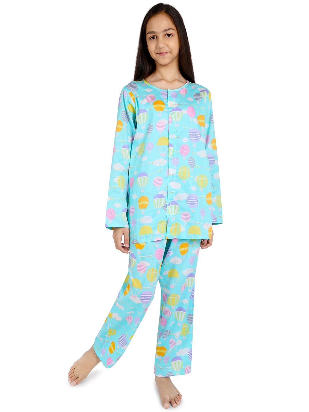 

Nigh Nigh Girls Turquoise Blue & Yellow Printed Sustainable Night Suit