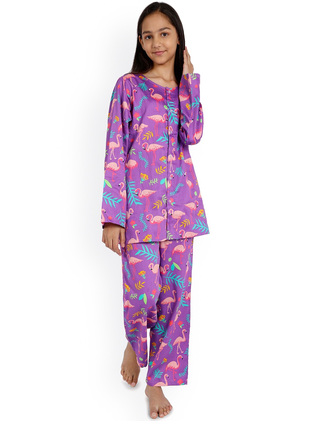 

Nigh Nigh Girls Lavender & Pink Flamingo Printed Sustainable Night Suit
