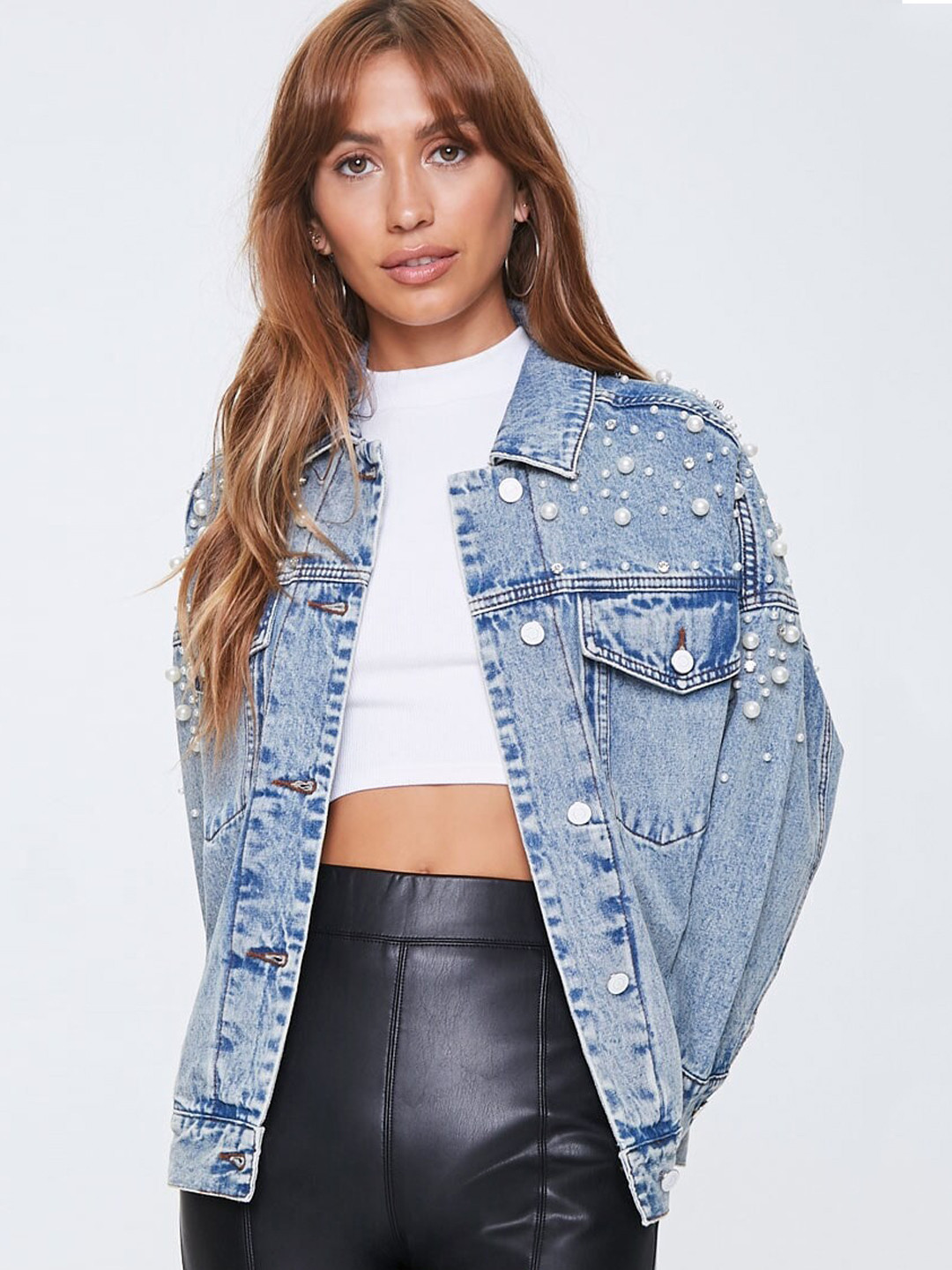 

FOREVER 21 Women Blue Printed Denim Jacket