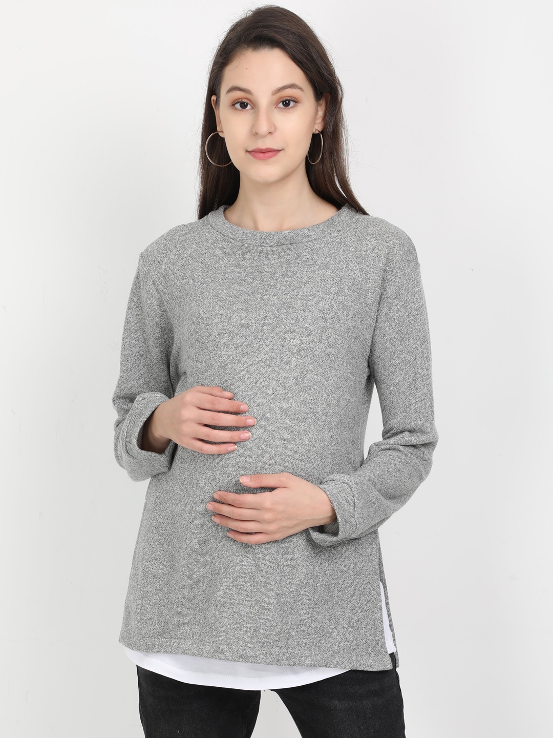 

The Mom Store Women Grey Solid Maternity Pure Cotton Top