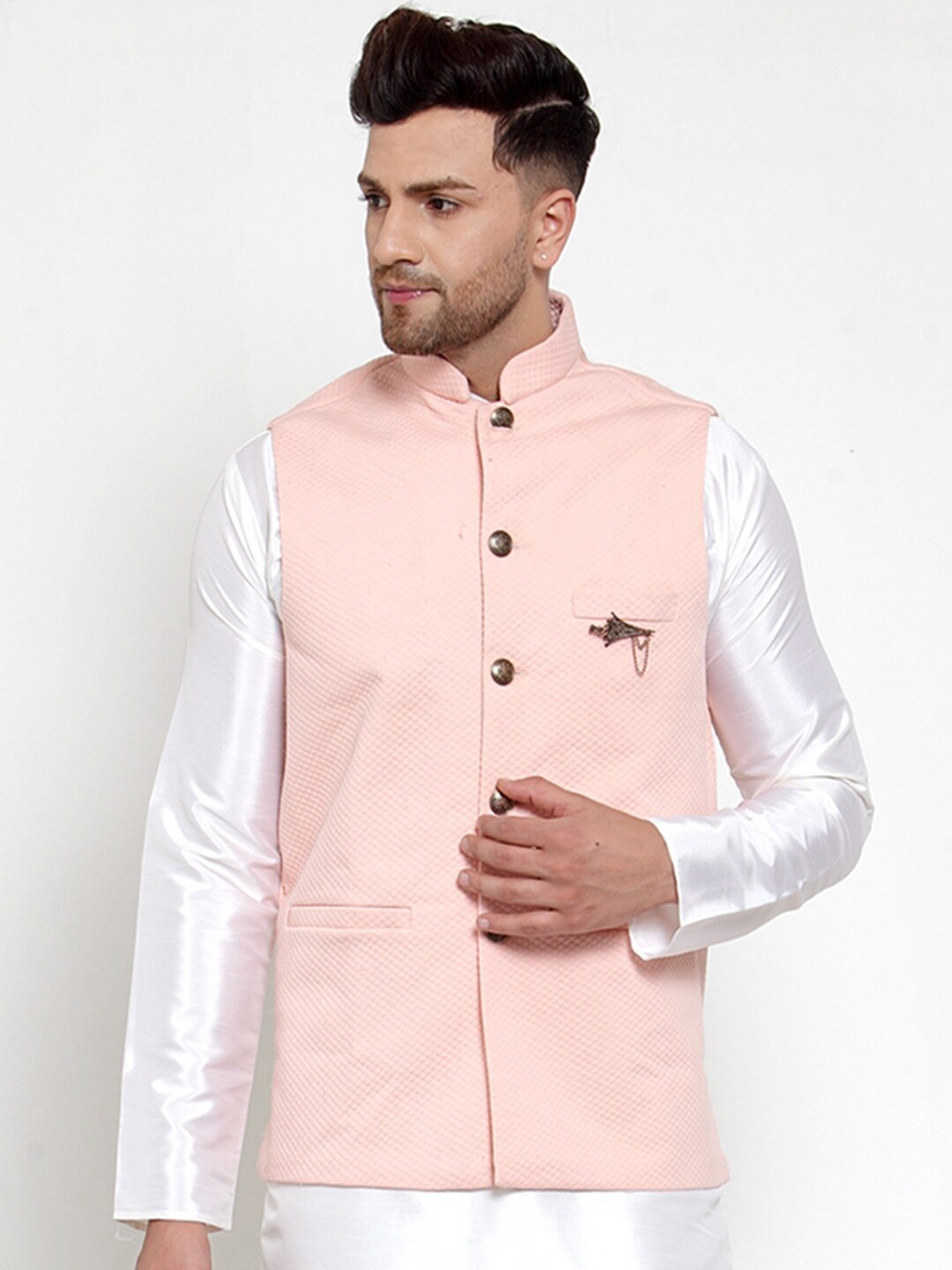 

Jompers Men Peach Woven Design Nehru Jacket