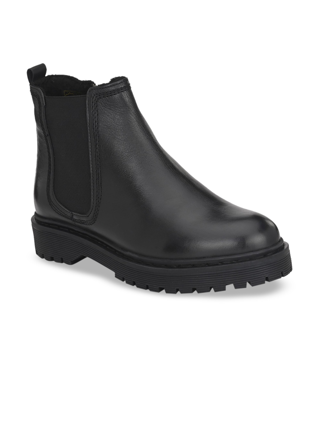 Delize Women Black Solid Leather Mid-Top Flat Boots