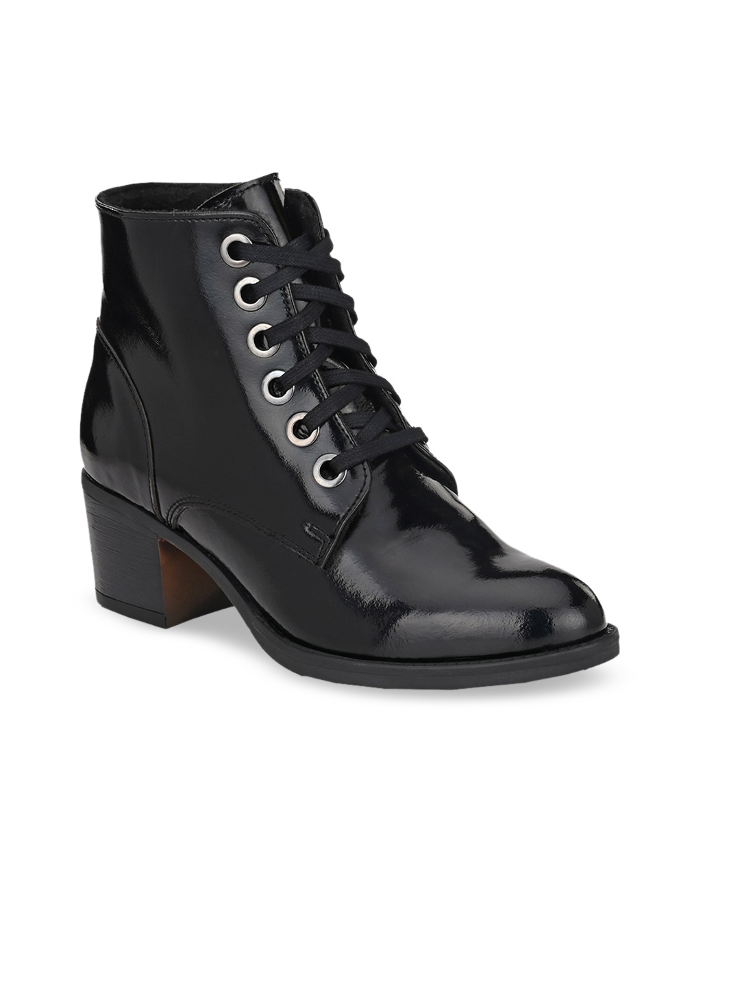 

Delize Women Black Solid Leather High-Top Block Heeled Boots