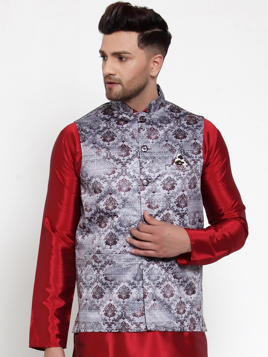 

Jompers Men Grey & Purple Printed Satin Nehru Jacket