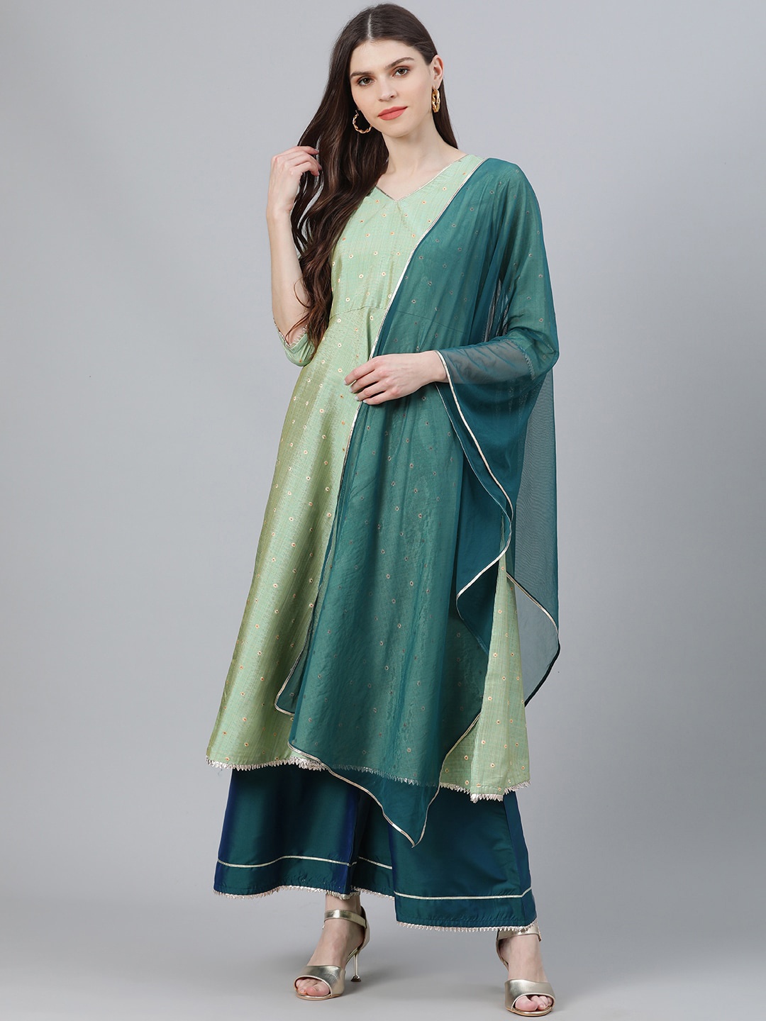 

Libas Women Green Woven Design Kurta with Sharara & Dupatta