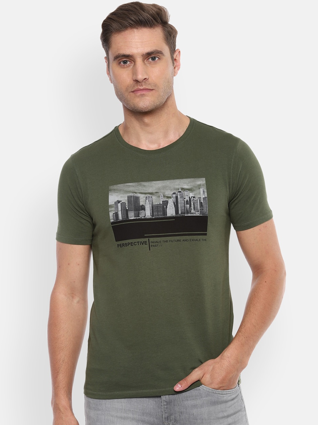 

V Dot Men Olive Green Printed Round Neck T-shirt