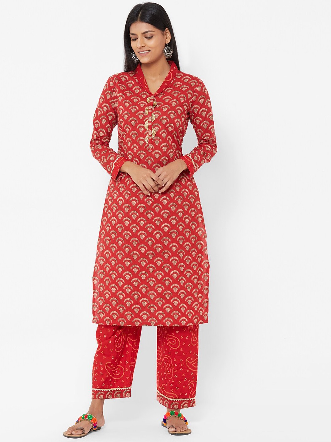 

FASHOR Women Red Printed Cotton Kurta with Bandhani Palazzos