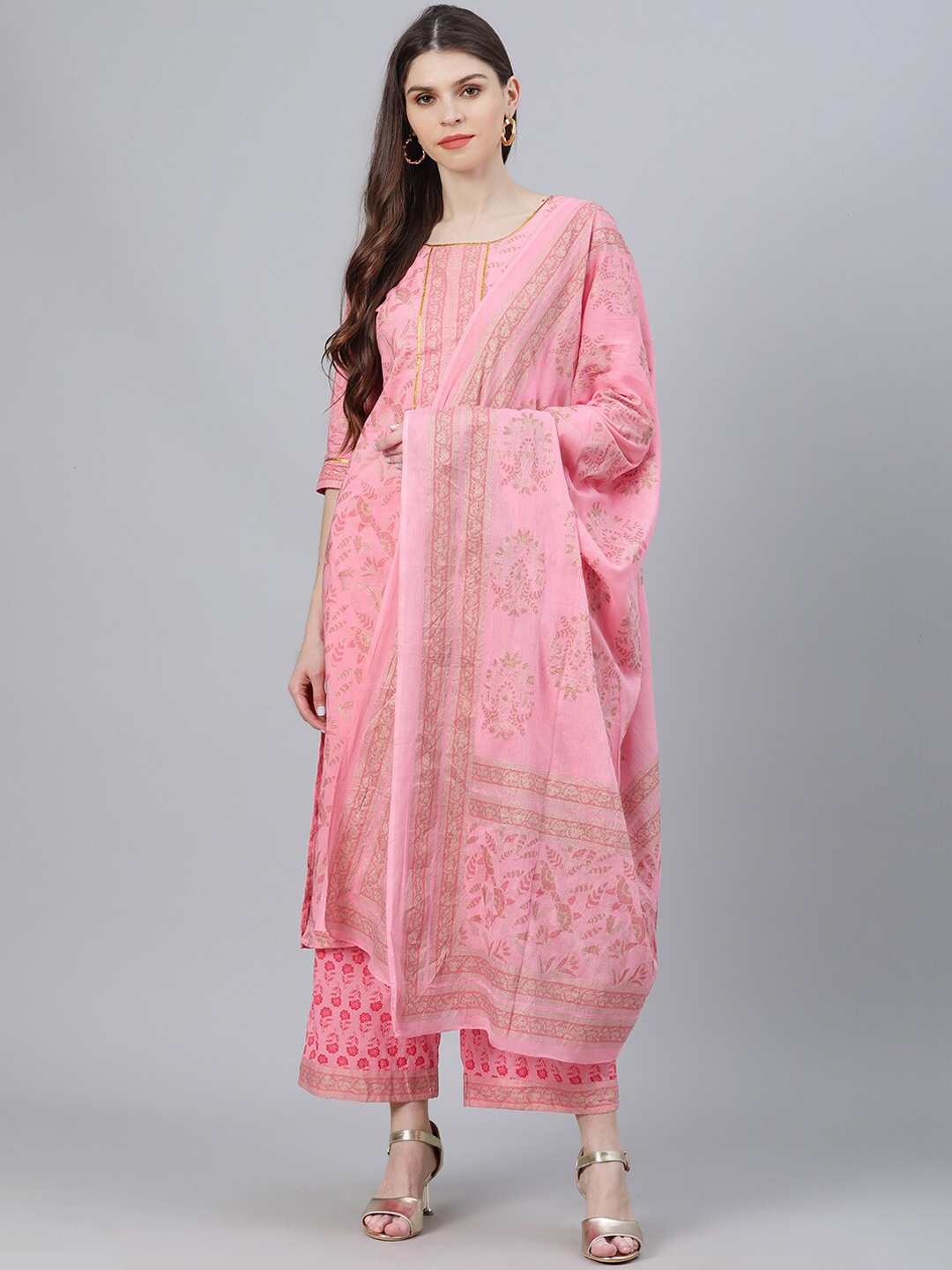 Libas Women Pink Printed Kurta with Palazzos & Dupatta