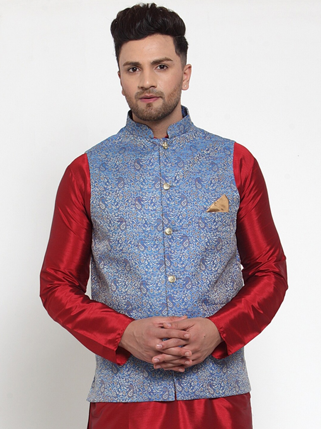 

Jompers Men Blue & Beige Woven Design Nehru Jacket