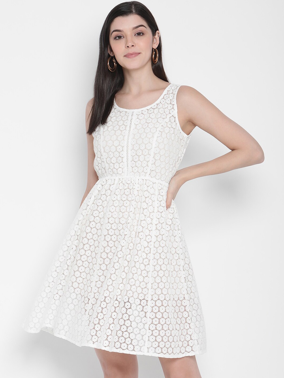 

Porsorte Women White Crochet Lace Embroidery Fit and Flare Dress