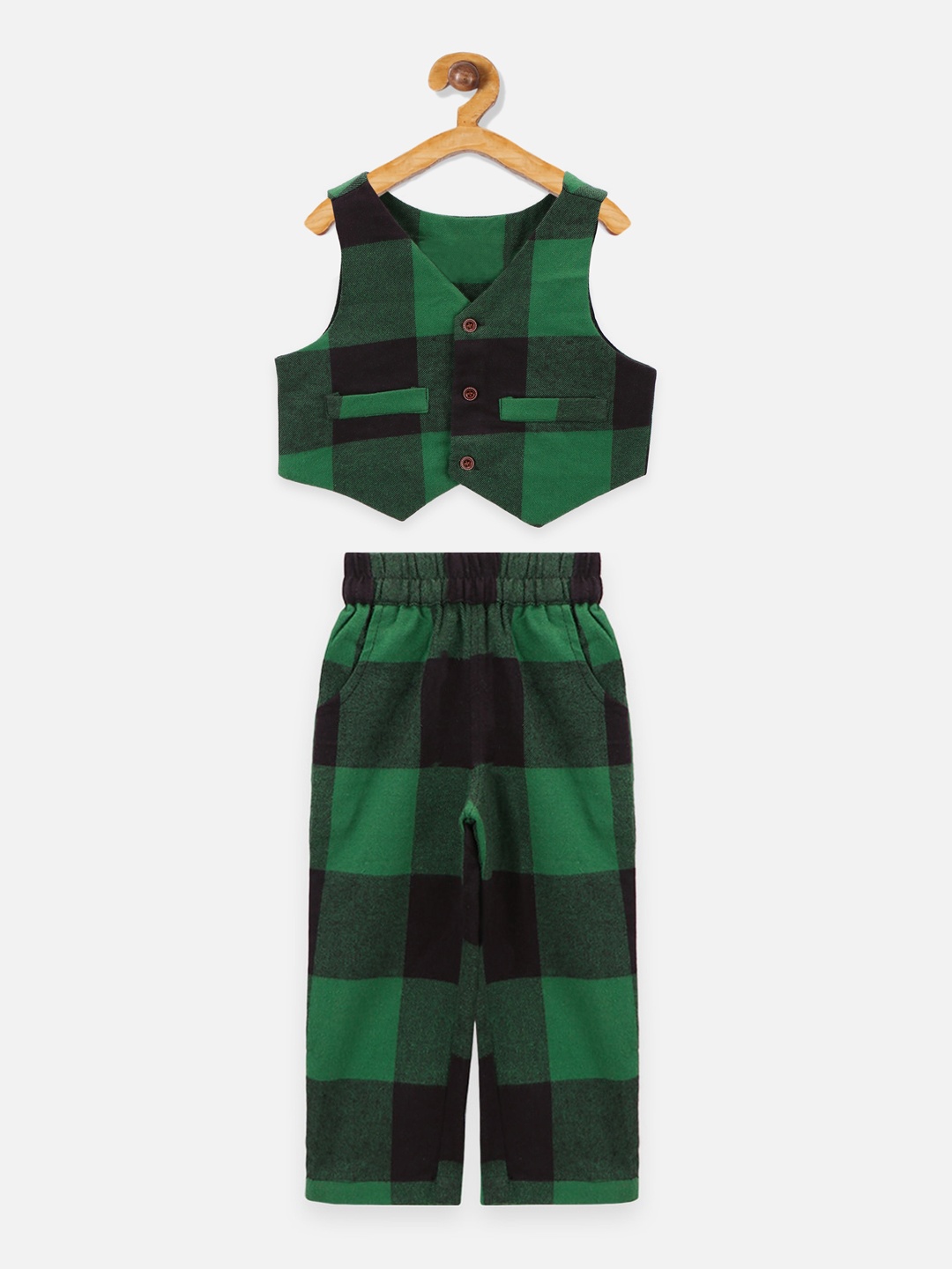 LilPicks Boys Green & Navy Blue Checked Waistcoat with Trousers