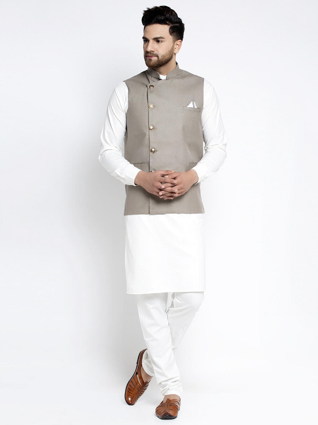 

Jompers Men Off-White & Grey Solid Kurta with Churidar