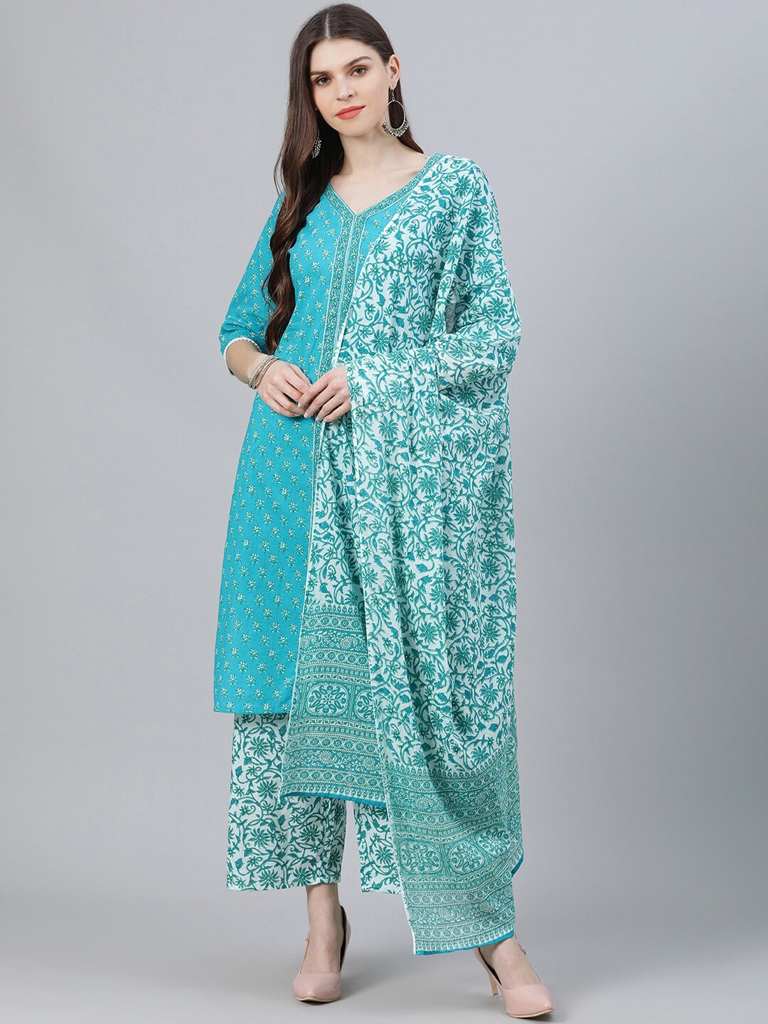 

GERUA Women Blue & Green Printed Kurta with Palazzos & Dupatta