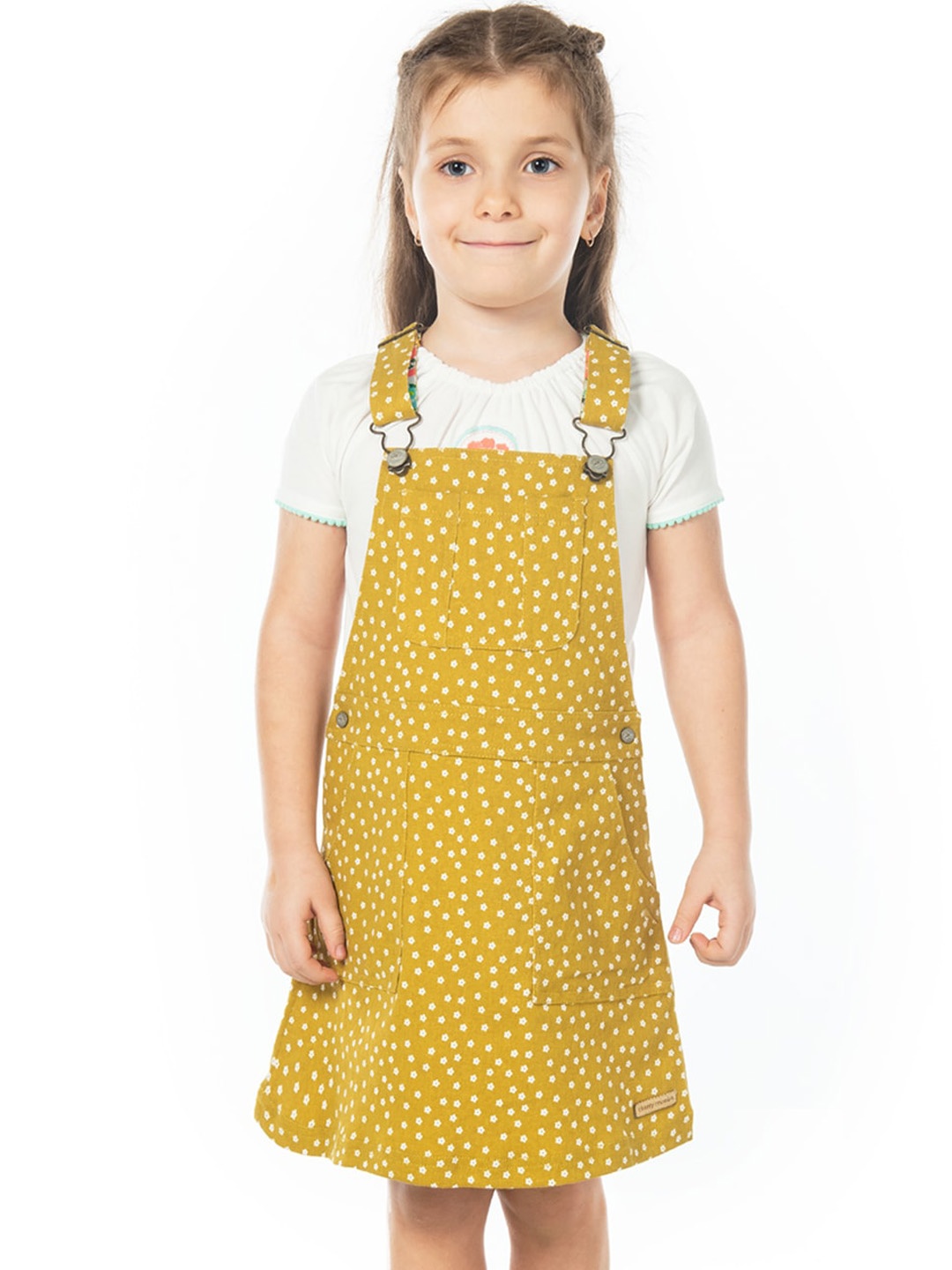 

Cherry Crumble Girls Mustard Yellow Printed Pinafore Dress