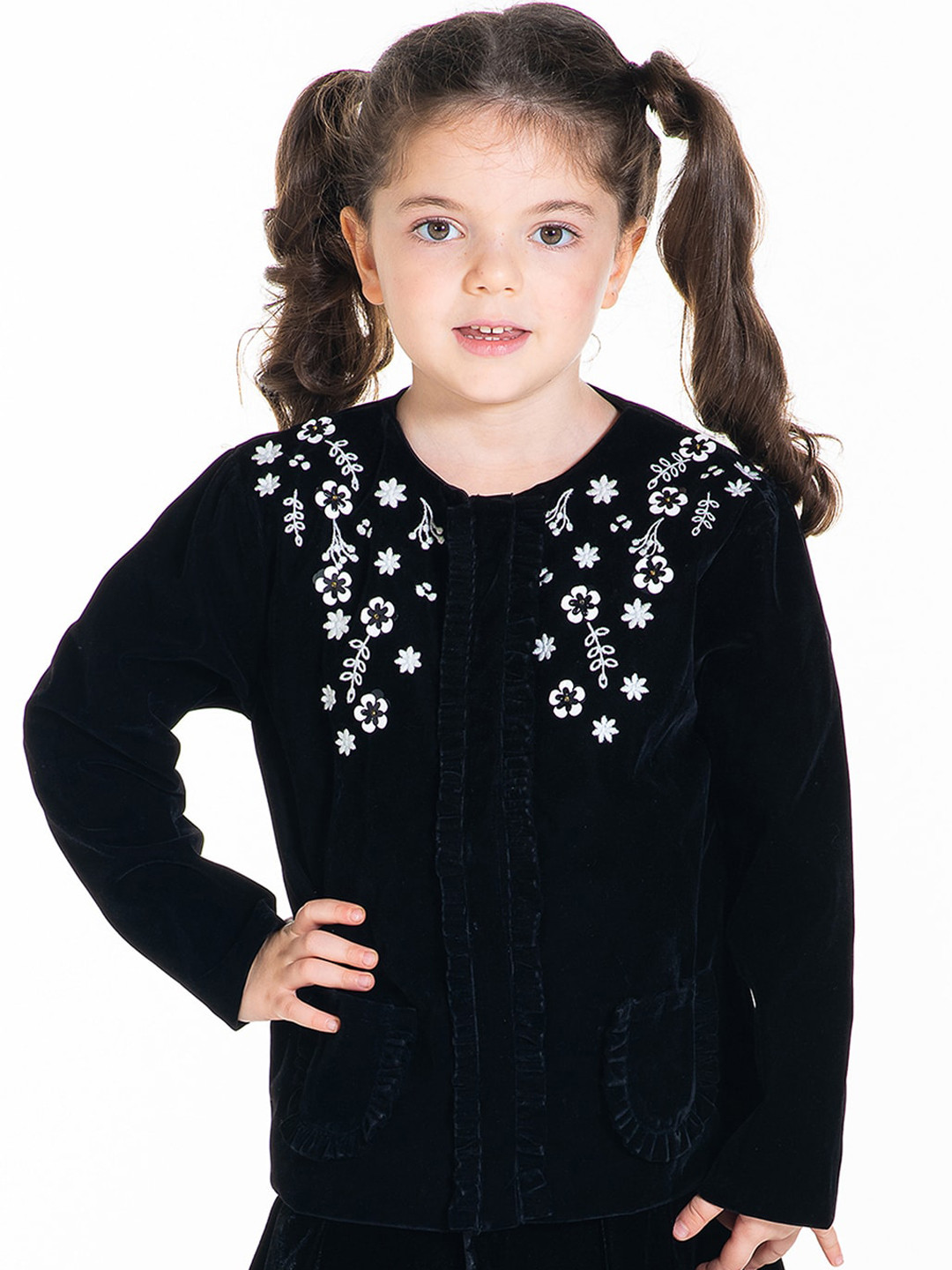 

Cherry Crumble Girls Black Snug Floral Embroidered Coat