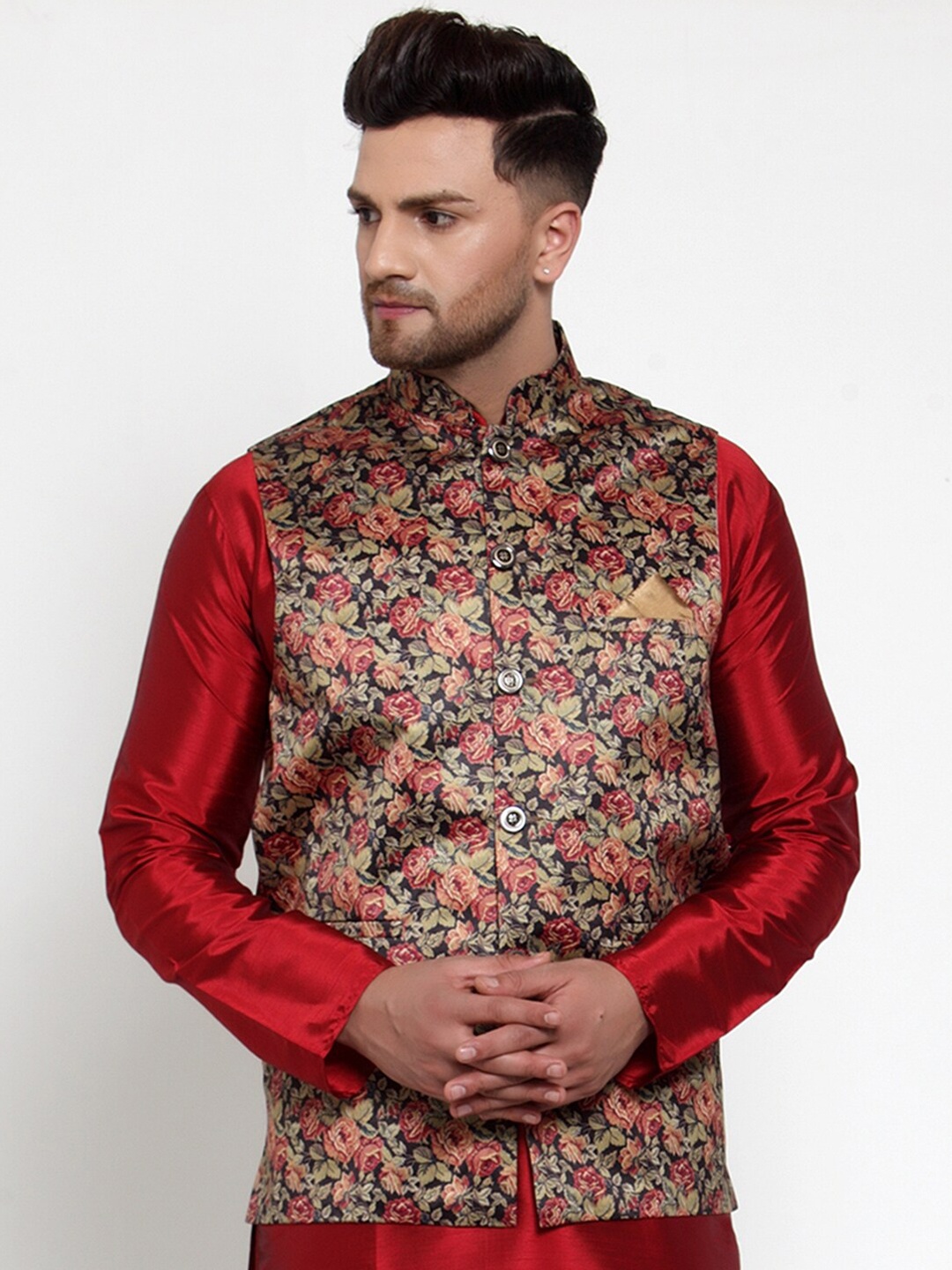 

Jompers Men Black & Red Printed Nehru Jacket
