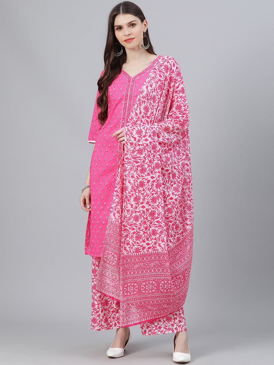 GERUA Women Pink & White Printed Kurta with Palazzos & Dupatta