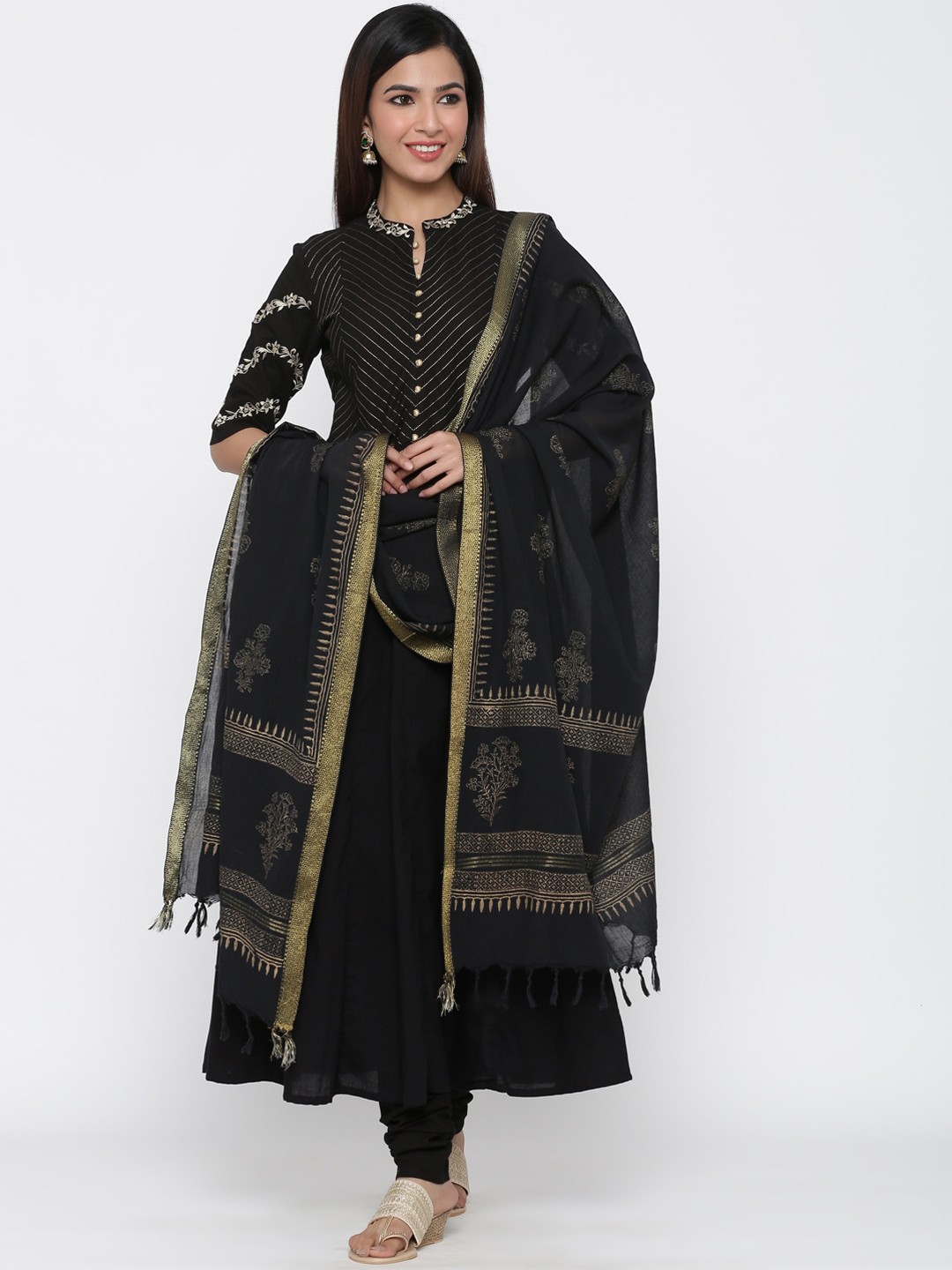 

Jaipur Kurti Women Black & Gold-ColouredEmbroidered Kurta with Churidar & Dupatta