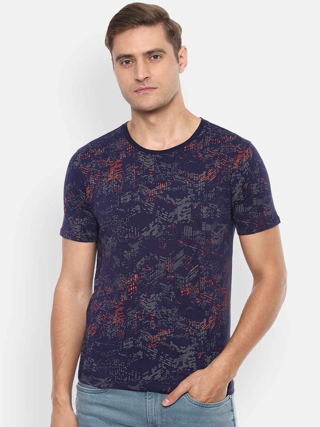 

V Dot Men Navy Blue Printed Round Neck T-shirt