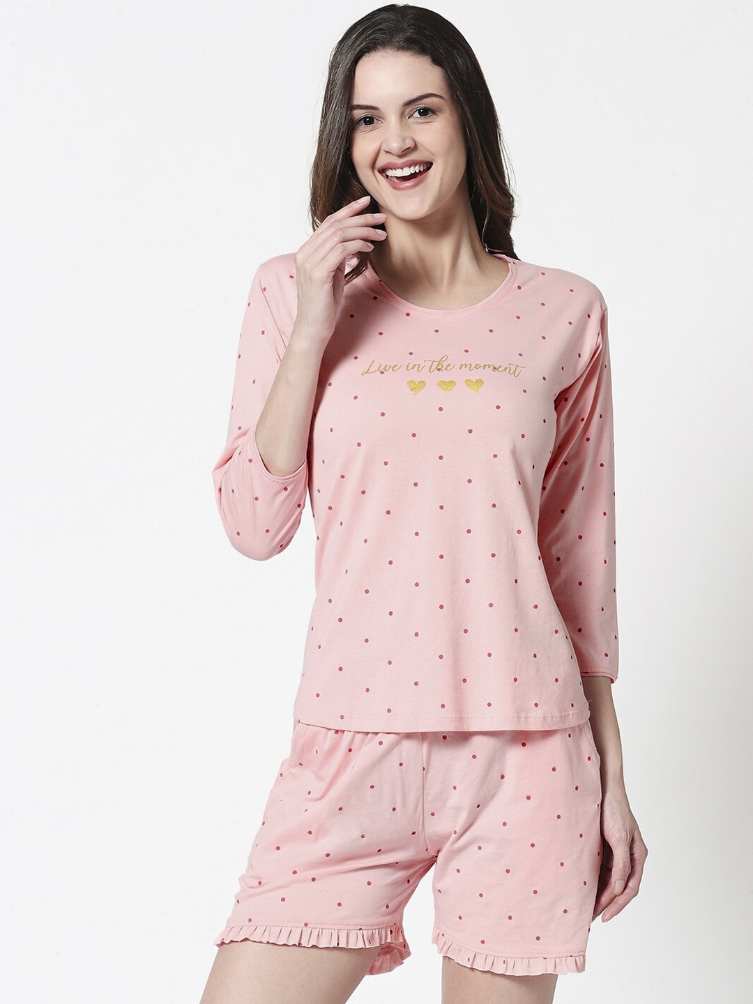 

Zeyo Women Pink & Red Printed Night Suit