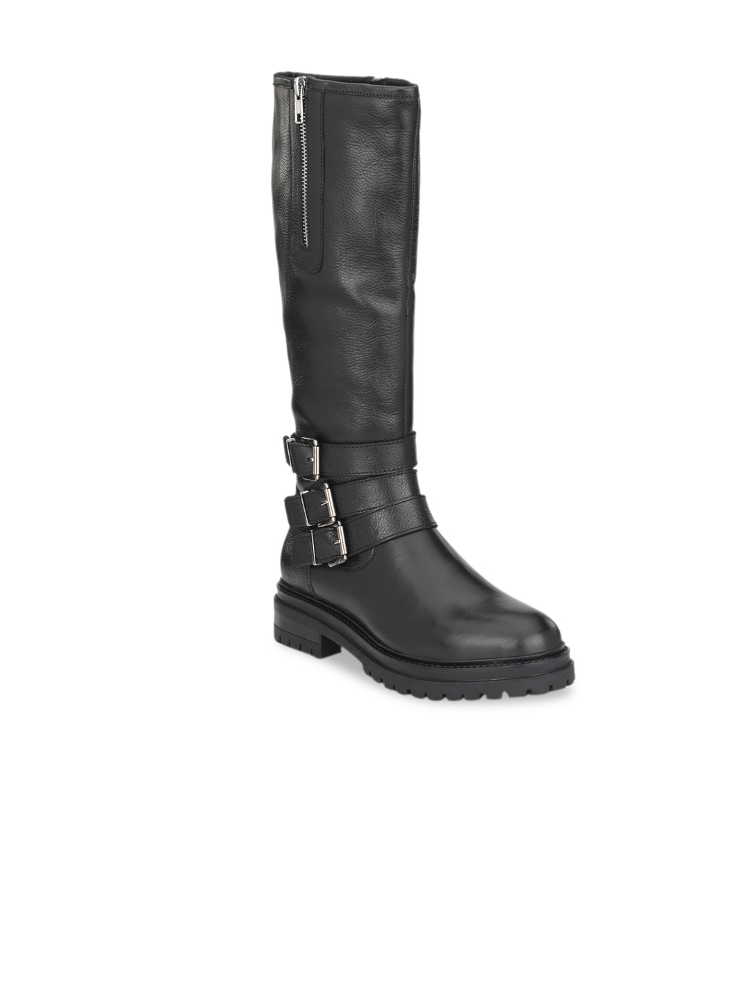 

Delize Women Black Perforations Leather High-Top Flat Boots