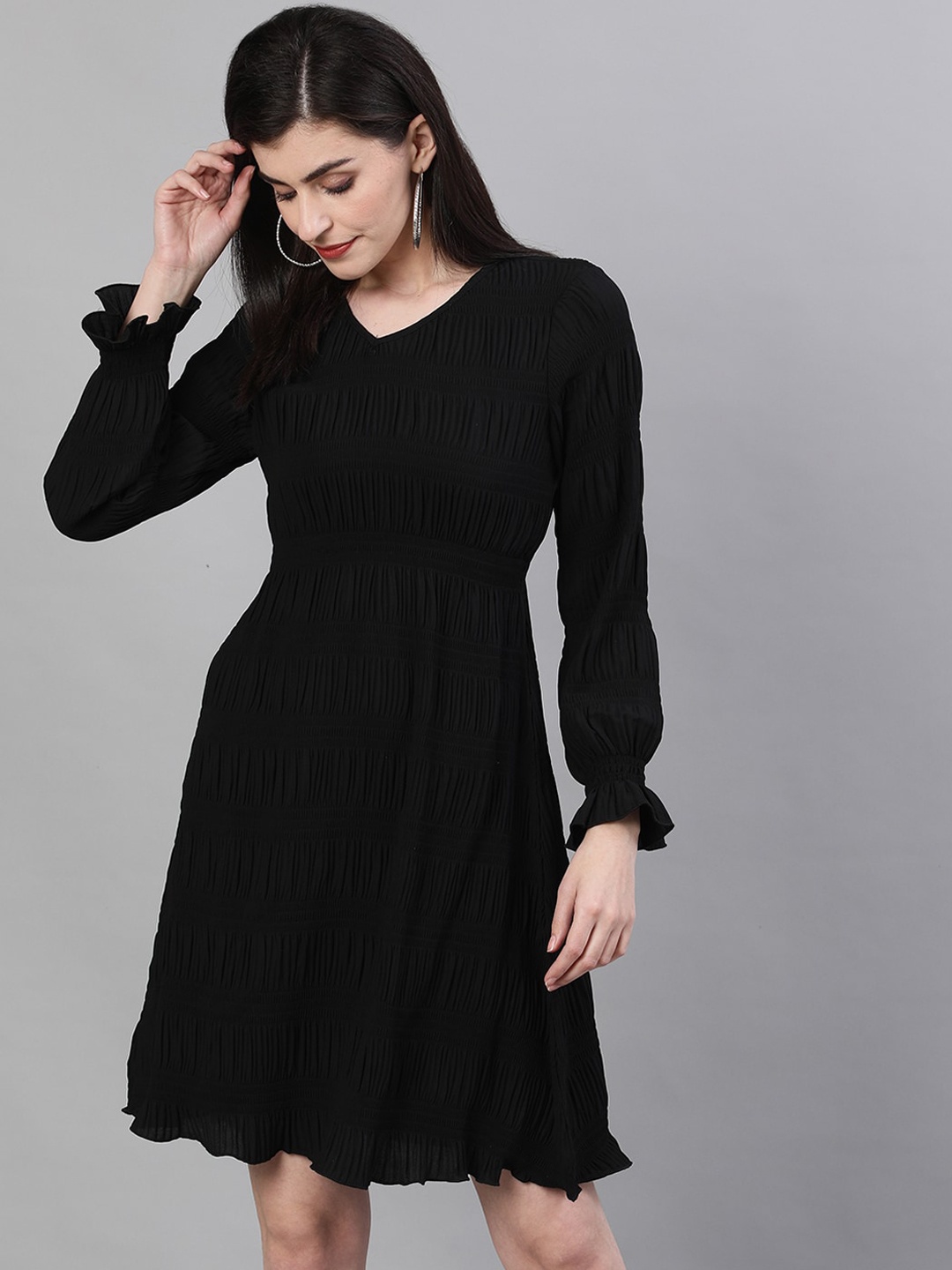 

Ishin Women Black Self Design Fit and Flare Dress
