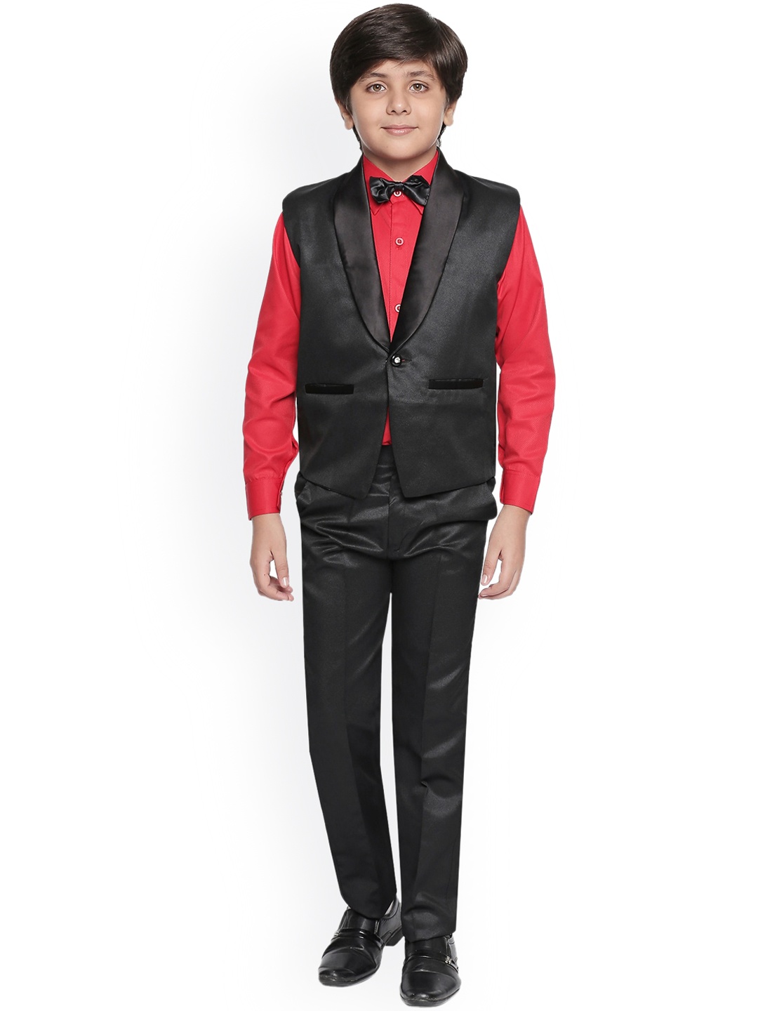 Jeetethnics Boys Black & Red Solid Shirt with Trousers & Waistcoat