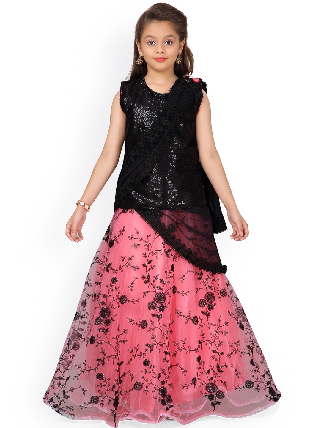 

Aarika Girls Black & Pink Embellished Ready to Wear Lehenga & Blouse with Dupatta