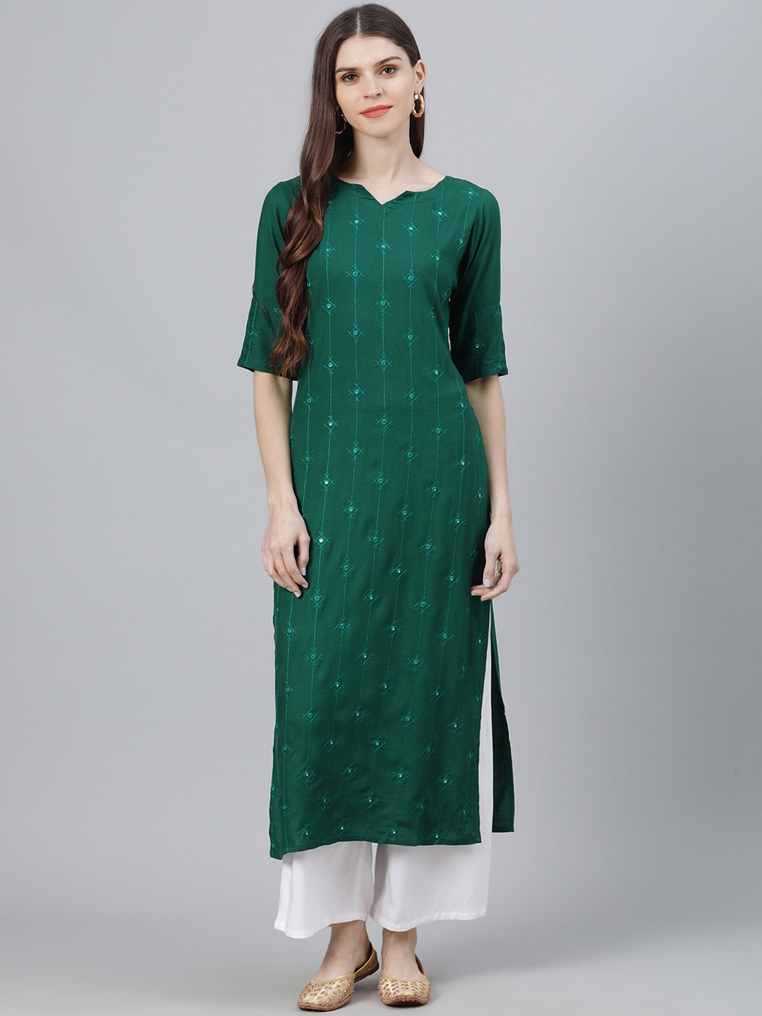 

Libas Women Green Embroidered Panelled Kurta with Palazzos