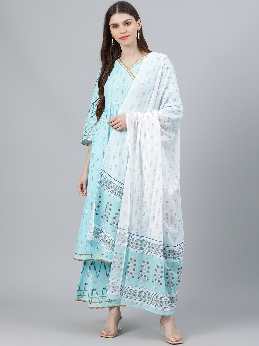 

Libas Women Blue Printed Kurta with Sharara & Dupatta