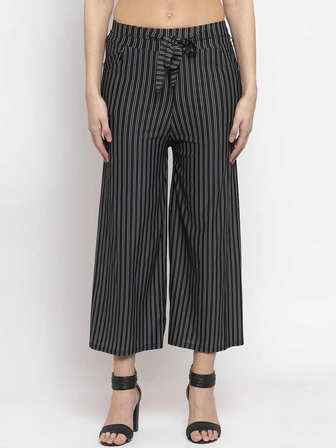 

KLOTTHE Women Black Striped Wide Leg Palazzos