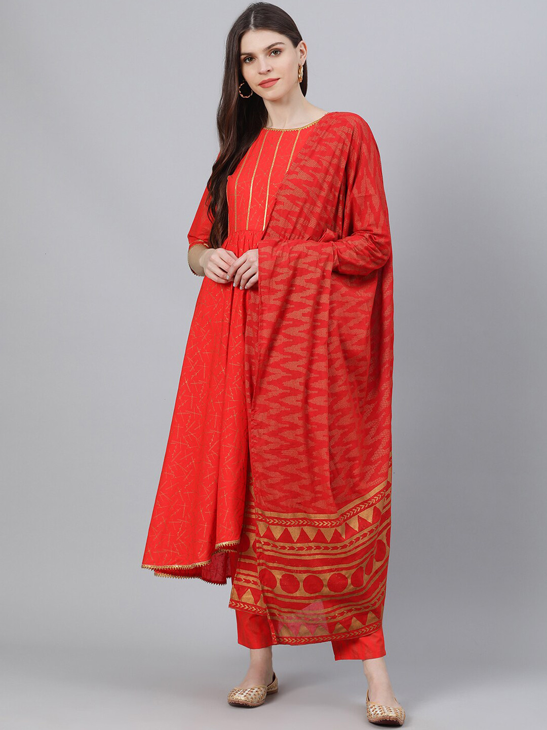 

Libas Women Red Printed Kurta with Trousers & Dupatta