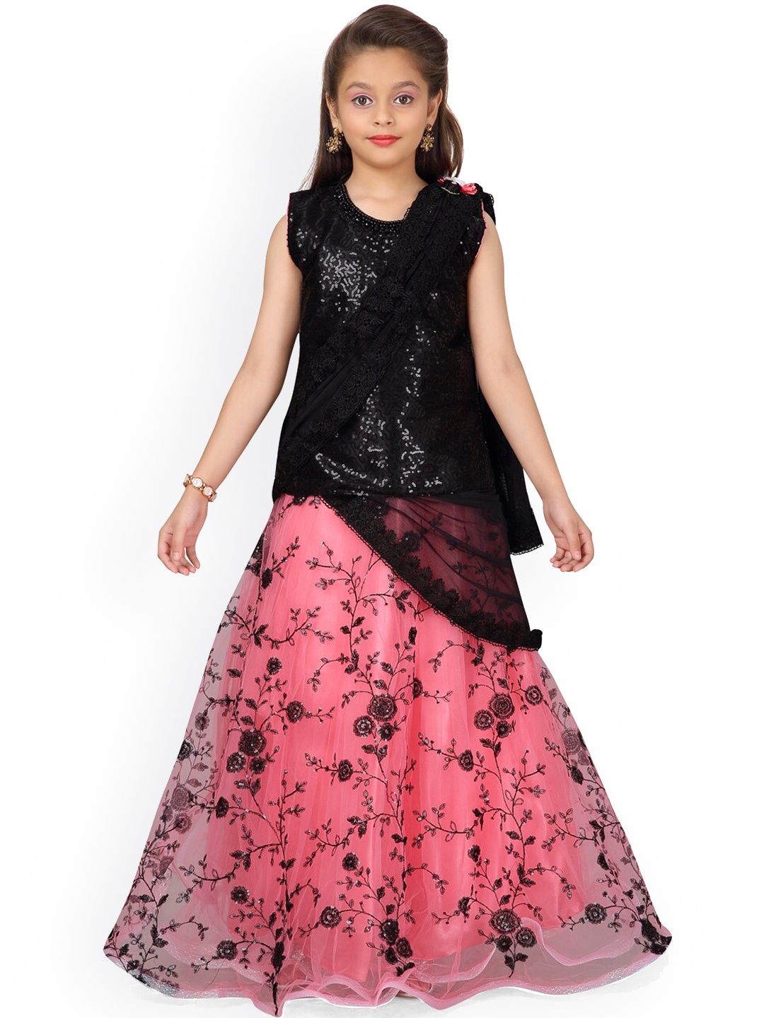 

Aarika Girls Black & Pink Embellished Ready to Wear Lehenga & Blouse with Dupatta