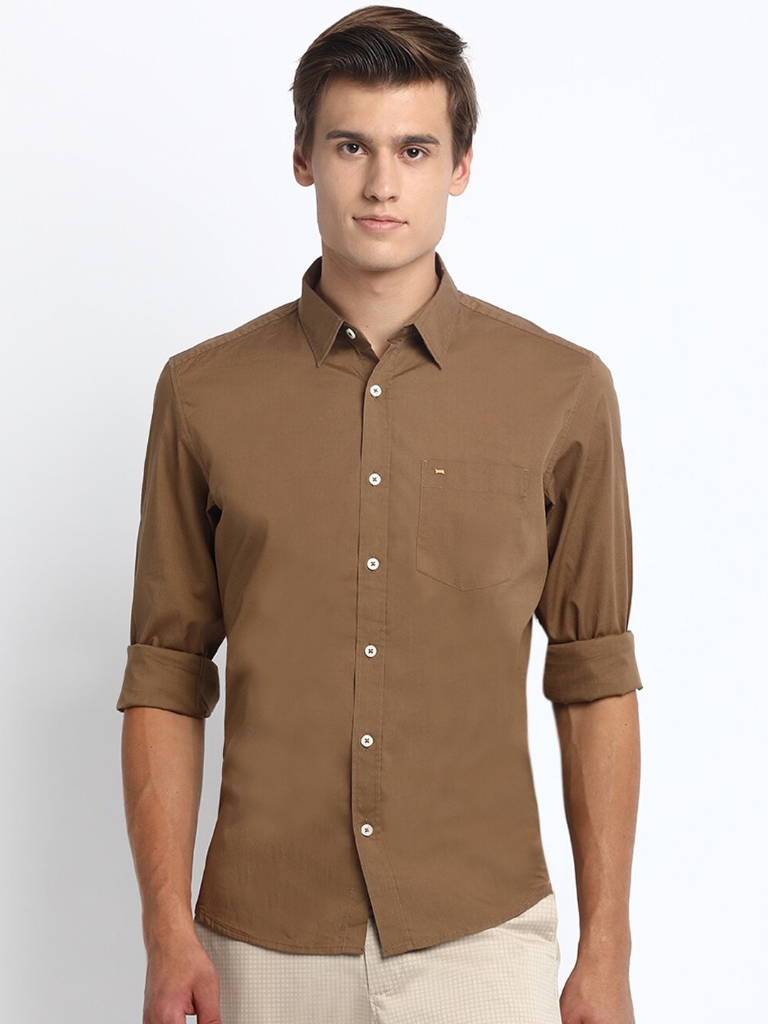 Basics Men Brown Slim Fit Solid Casual Shirt