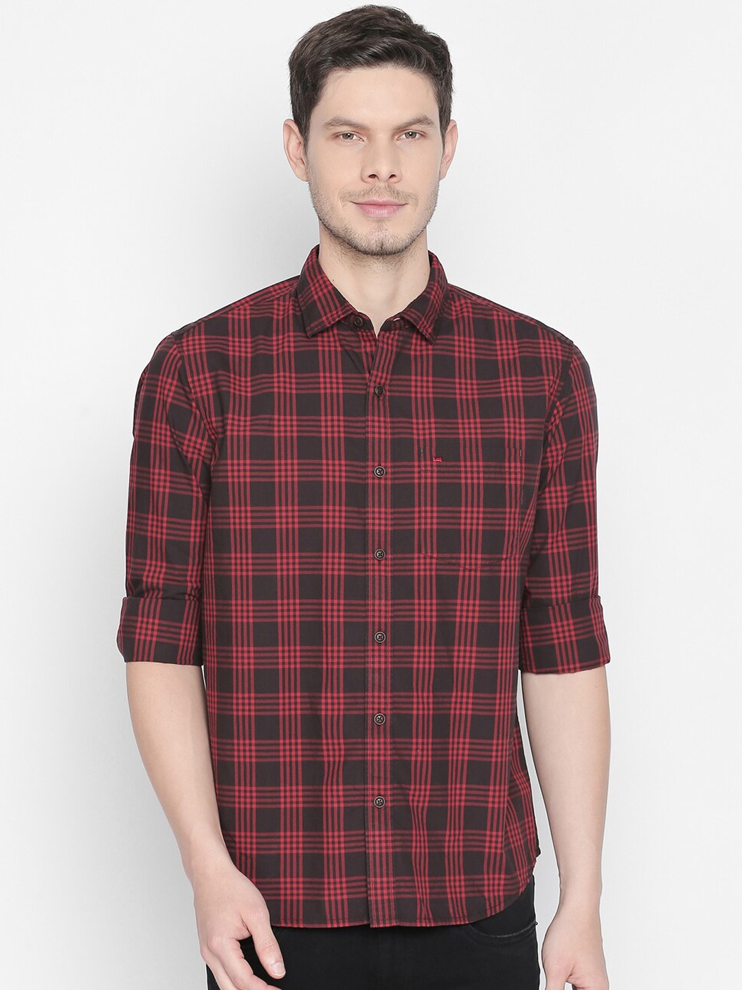 

Basics Men Red & Black Slim Fit Checked Casual Shirt