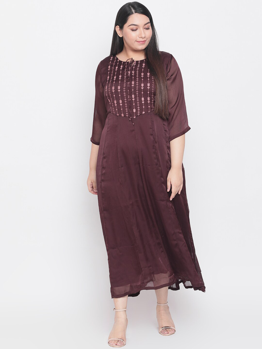 

Amydus Women Plus Size Burgundy Embroidered A-Line Dress